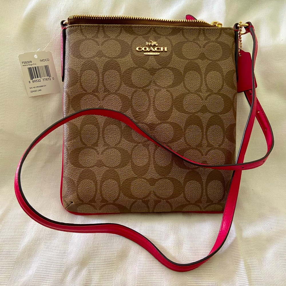 NWT- Coach Signature File Crossbody Messenger Bag Khaki/Bold Pink